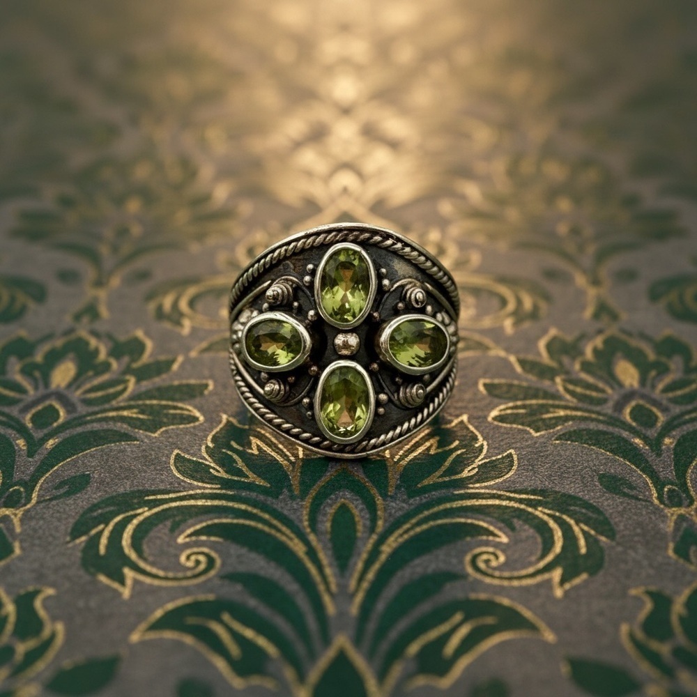 Sterling Silver wide 4 Peridot Gem Ring stamped 925 weight 18.35​​​​ - Picture 2 of 6